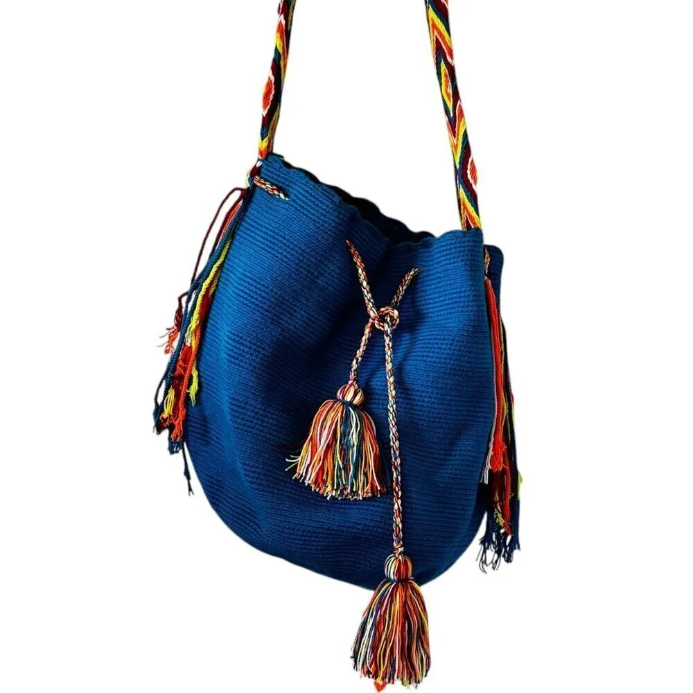 Wayuu Mochila Bucket Hobo Bag Columbian Riohacha Drawstring Multi Strap Blue